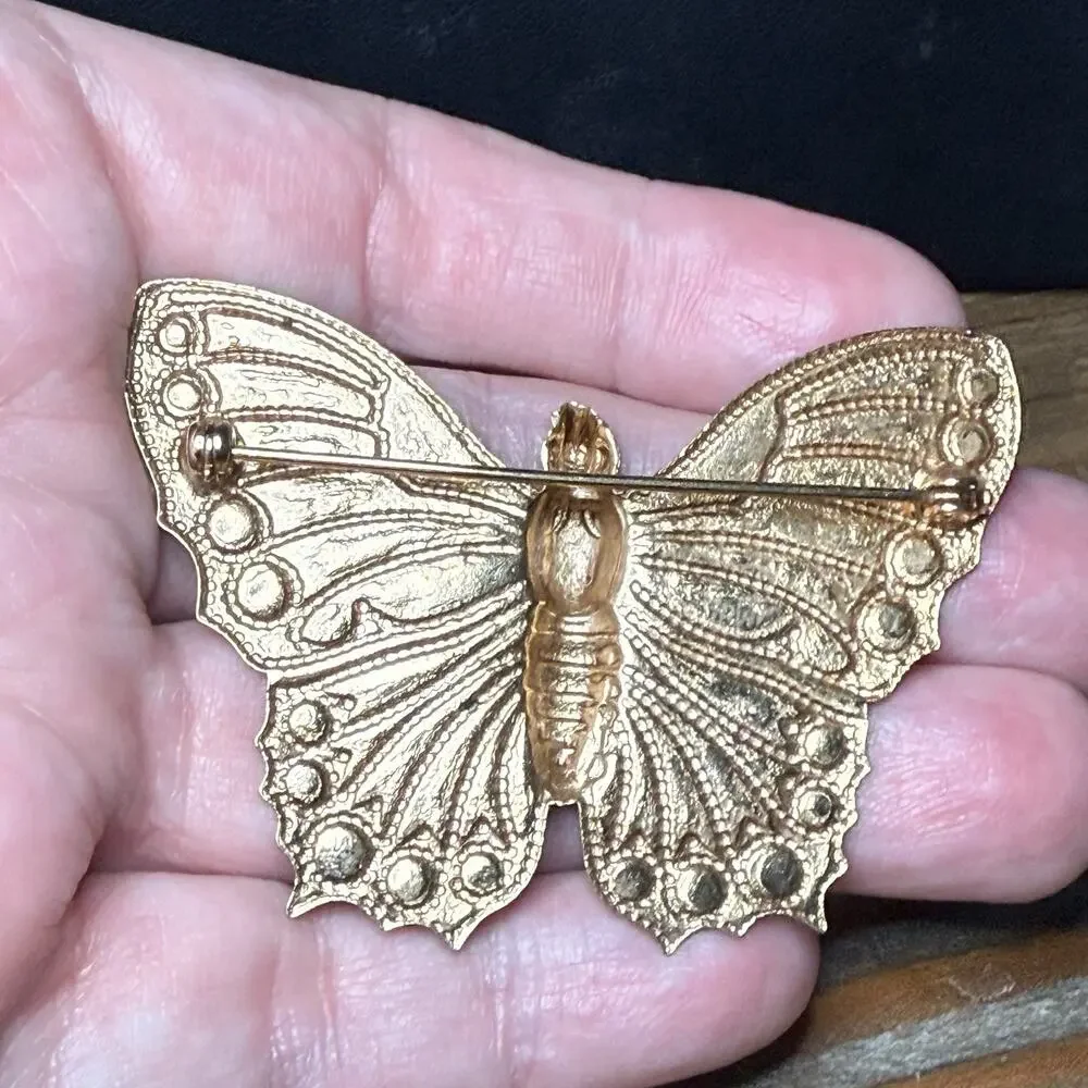 Vintage Butterfly Brooch Gold Tone Large Stamped Repousse Style Pin